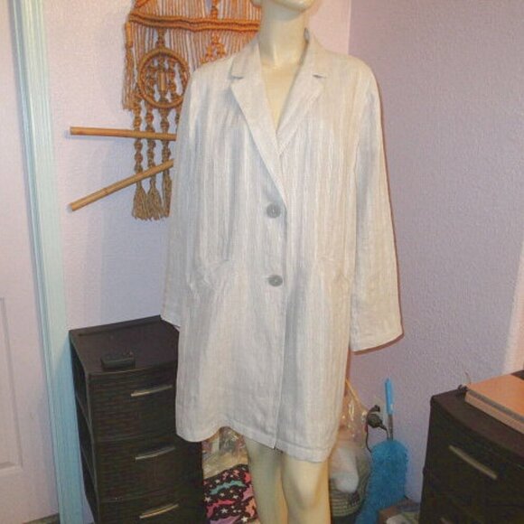 J. Jill Linen Jacket Size M Embroidered Striped Duster Pockets Neutral Lagenlook - Picture 1 of 12